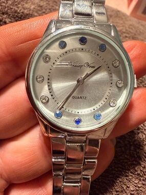 Silvertone Crystal Accent Quartz Watch - Blue & Clear Stones